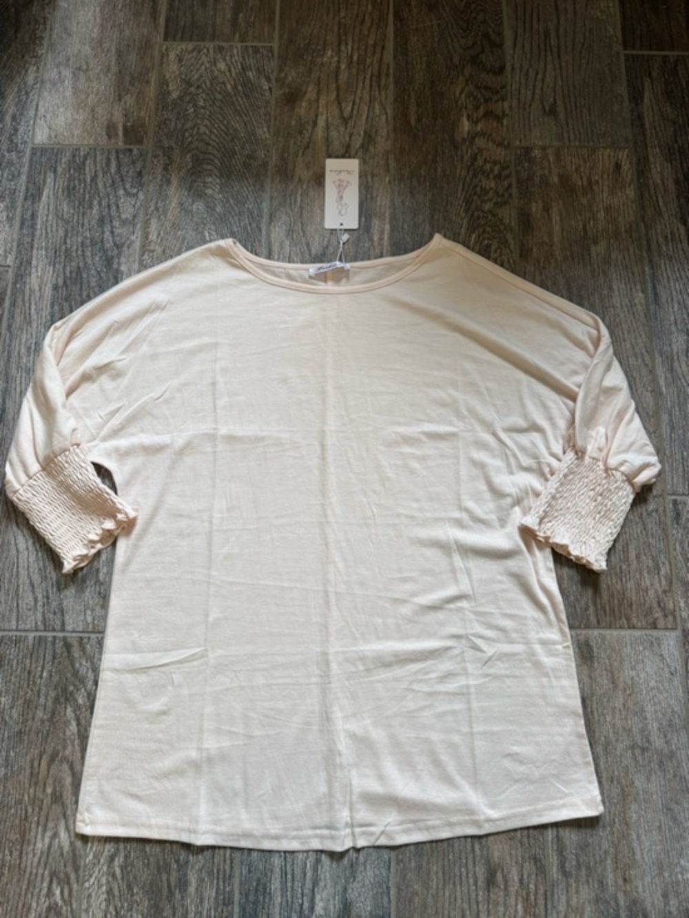 Fashion Light Cream Smocked-Cuff Short Sleeve Tee